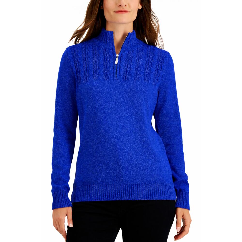 Karen Scott Cable Knit Sweater NWT Womens Size 2X Blue 1/4 Zip Mock Neck Preppy - Picture 1 of 9
